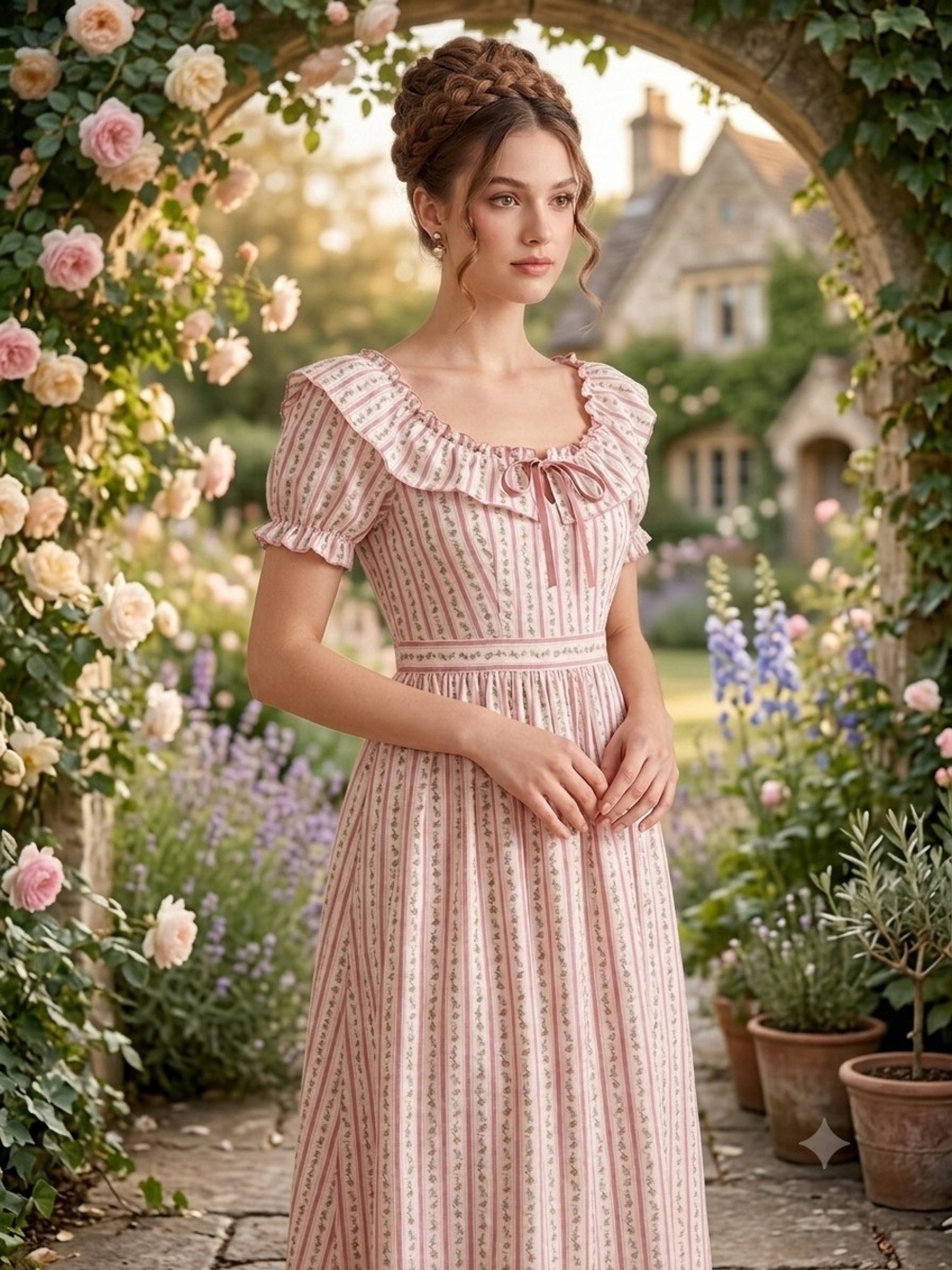 Simply Retro Romantic Pink Striped Ruffle Midi Dress